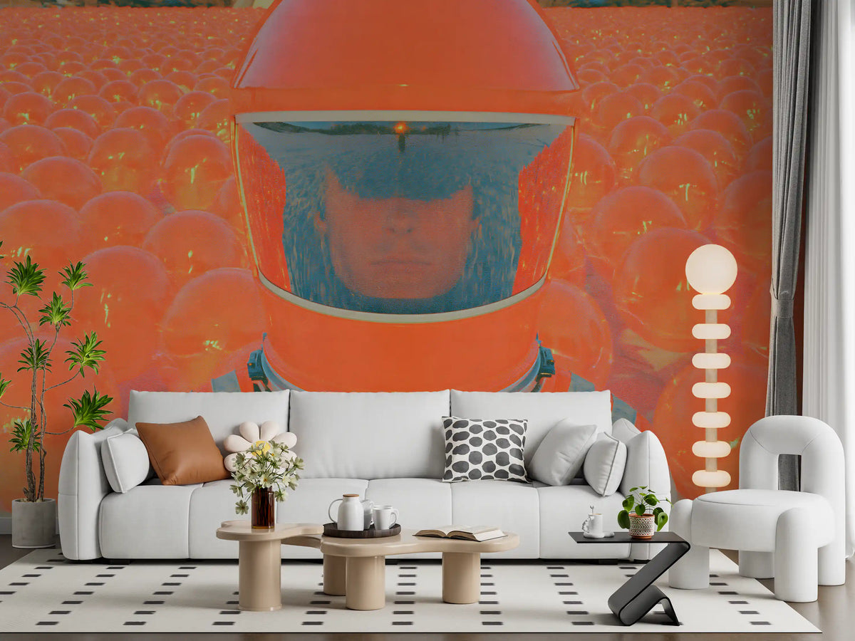 Space wallpaper astronaut mural behind white sofa and tall white floor lamp GD13734