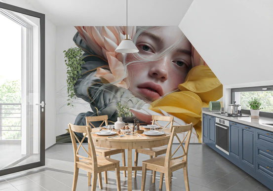Floral wallpaper portrait mural in kitchen with round wooden table and navy cabinets GD13735