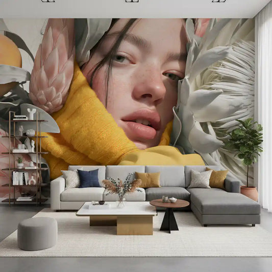 Serene Floral Portrait in Bright Tones Wall Mural