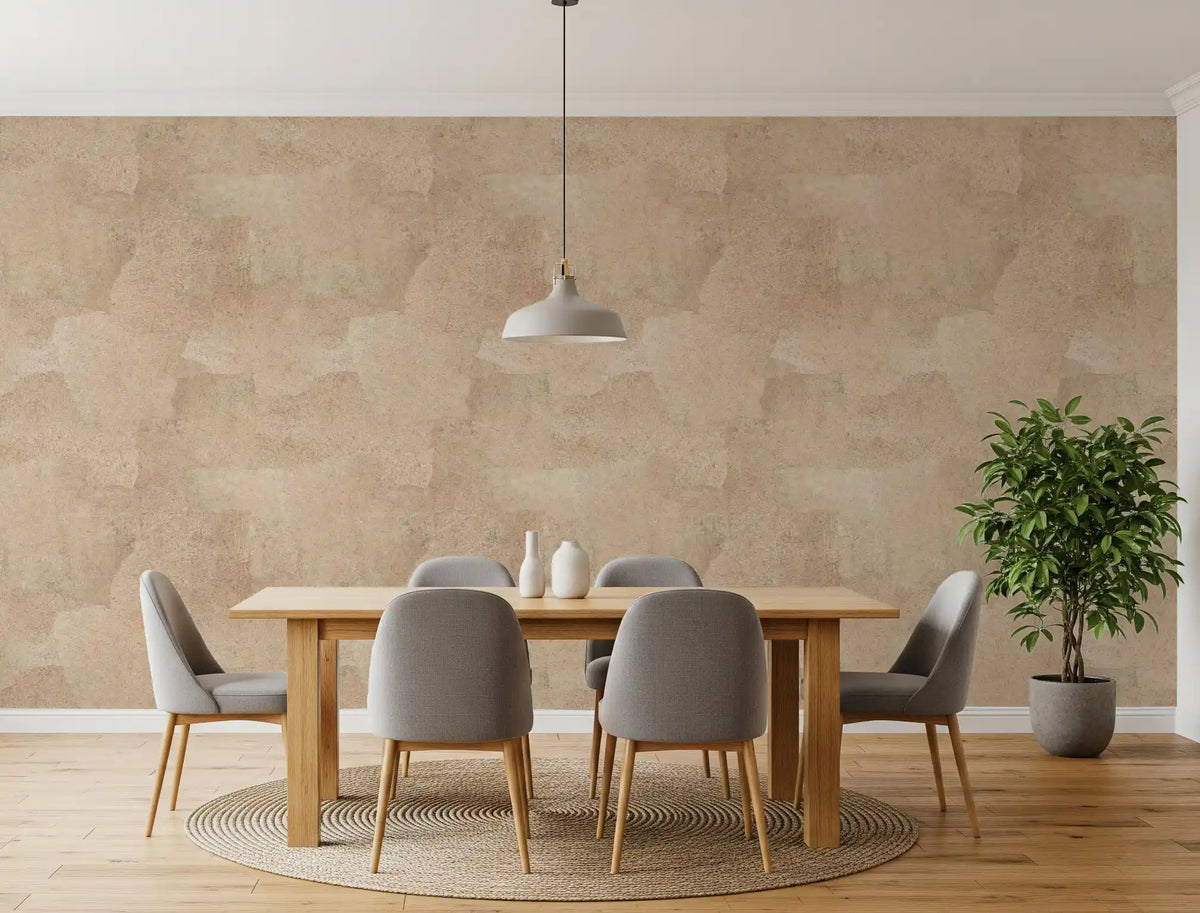 Dining room with oak table, gray chairs and jute rug on sandy beige wallpaper GD13753