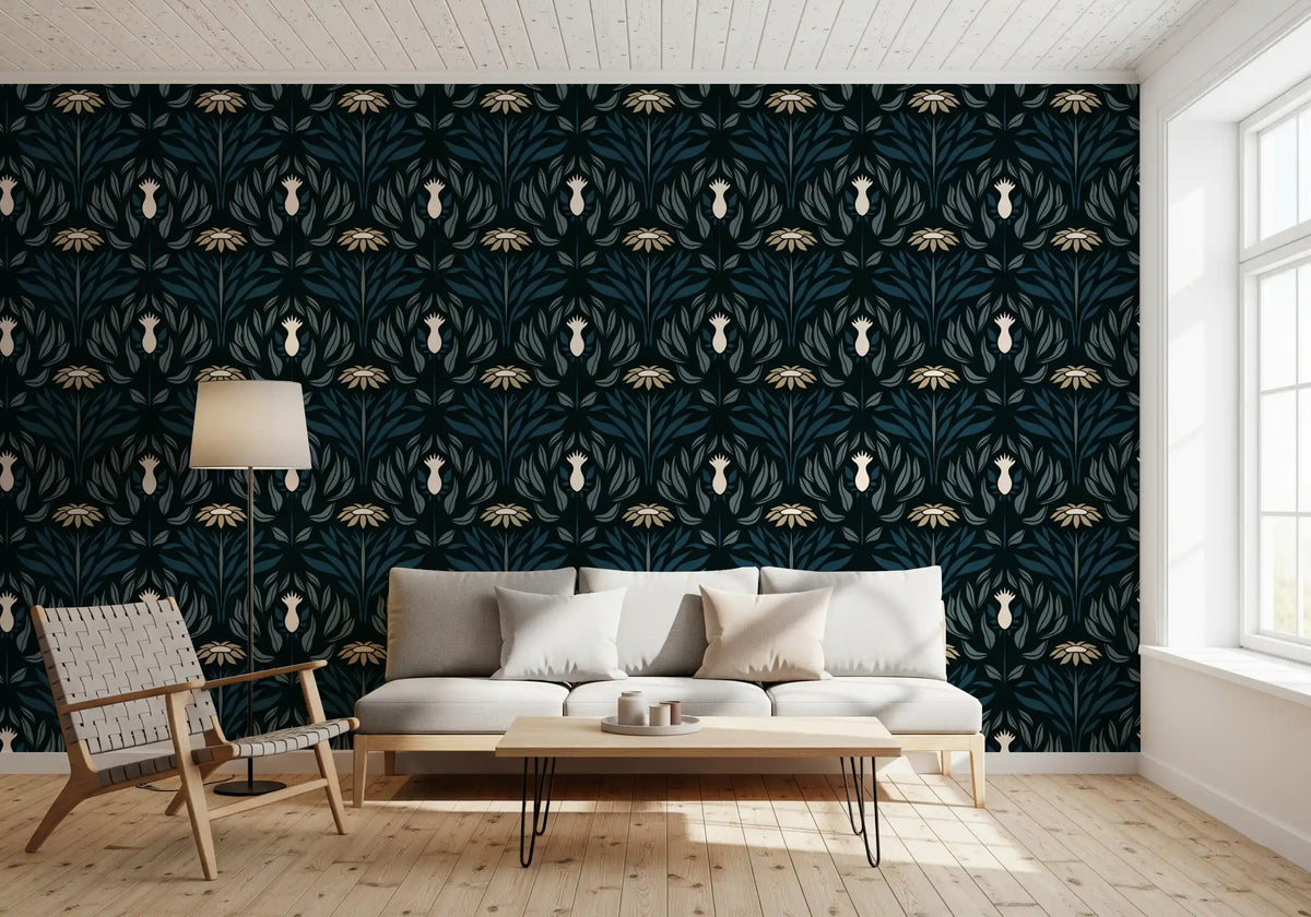 Teal and Cream Floral Symmetry Wallpaper⁠