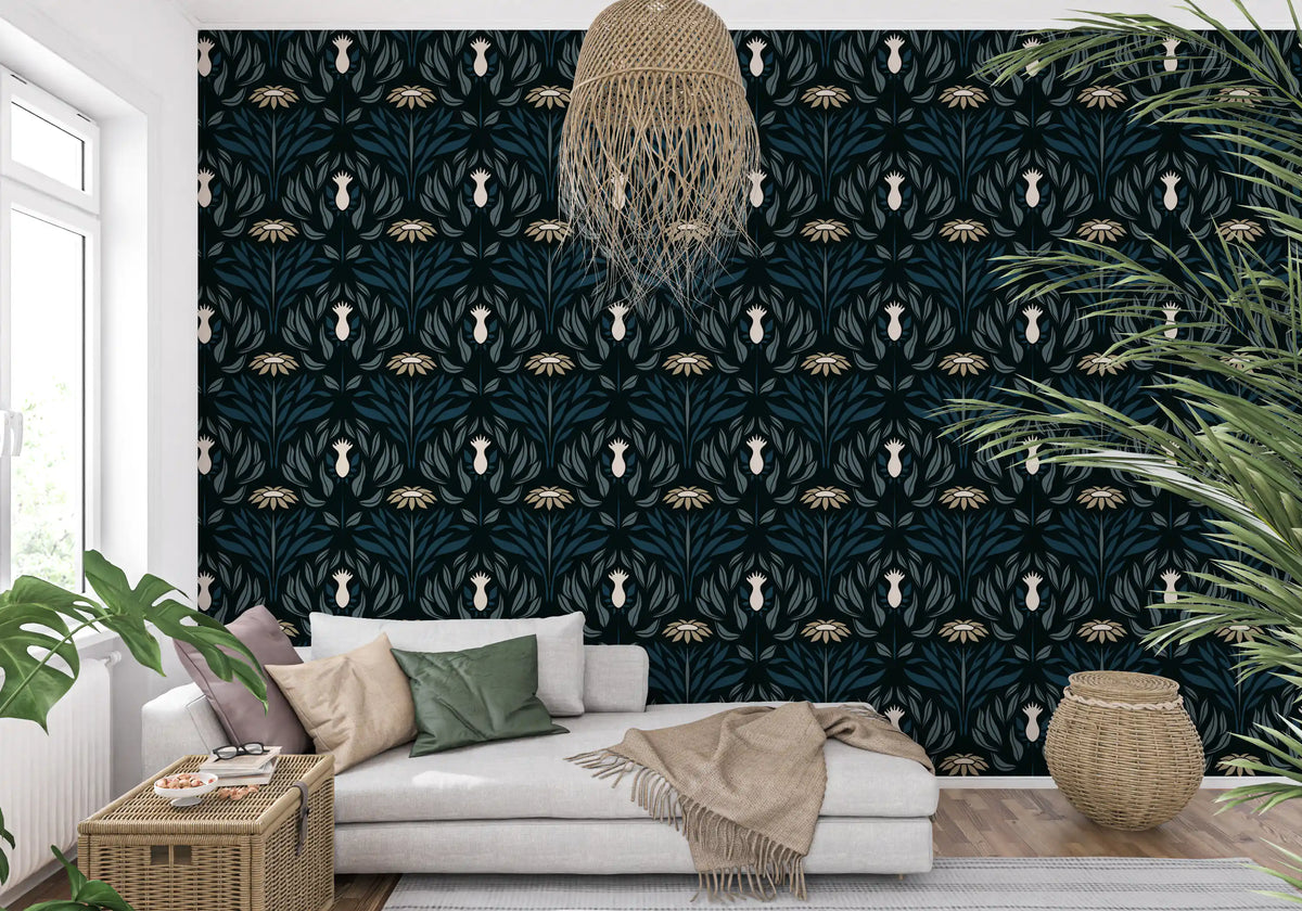 Teal and Cream Floral Symmetry Wallpaper⁠