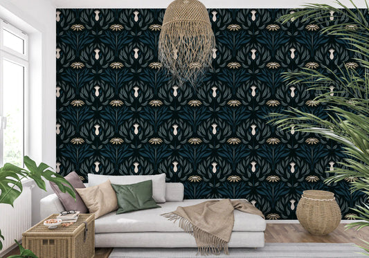 Teal and Cream Floral Symmetry Wallpaper⁠