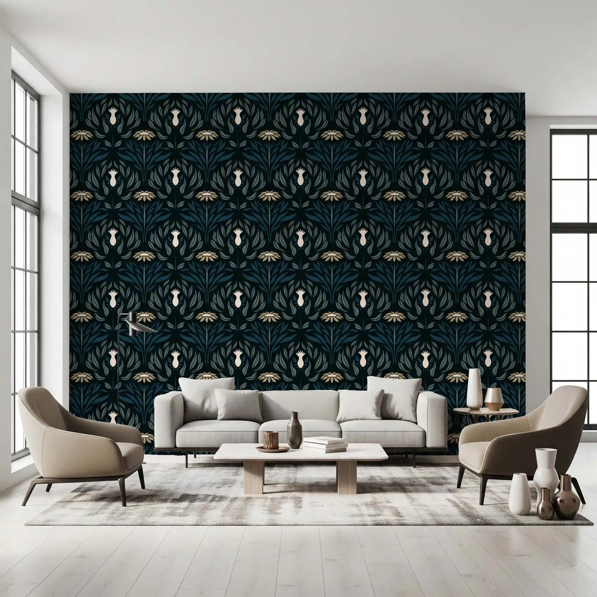 Teal and Cream Floral Symmetry Wallpaper⁠