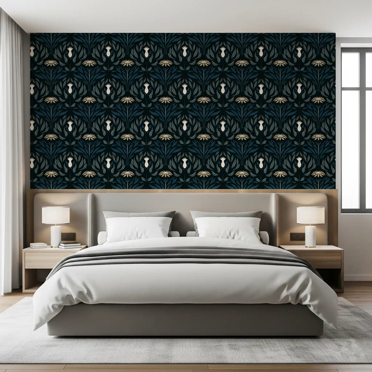 Teal and Cream Floral Symmetry Wallpaper⁠