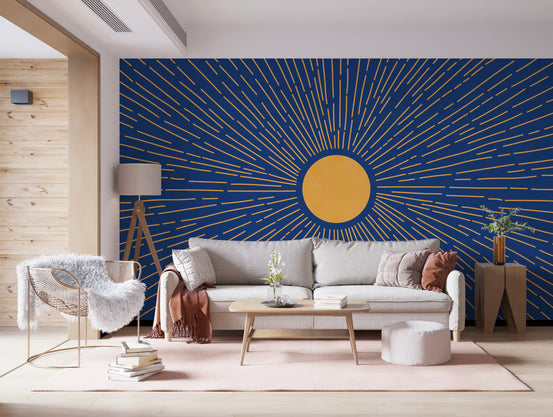 Living room with light gray sofa, rust throw and pink rug on a blue sun mural GD13765