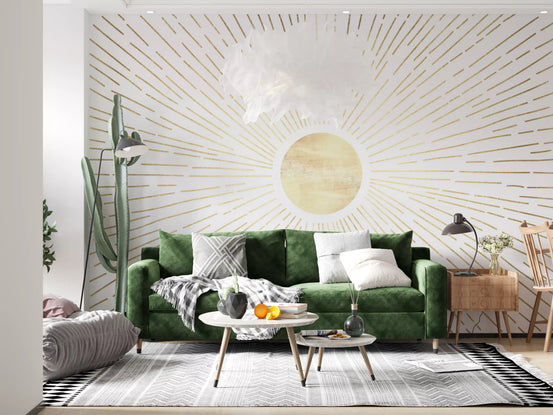 Living room with green velvet sofa and cloud pendant on gold wallpaper sun mural GD13767