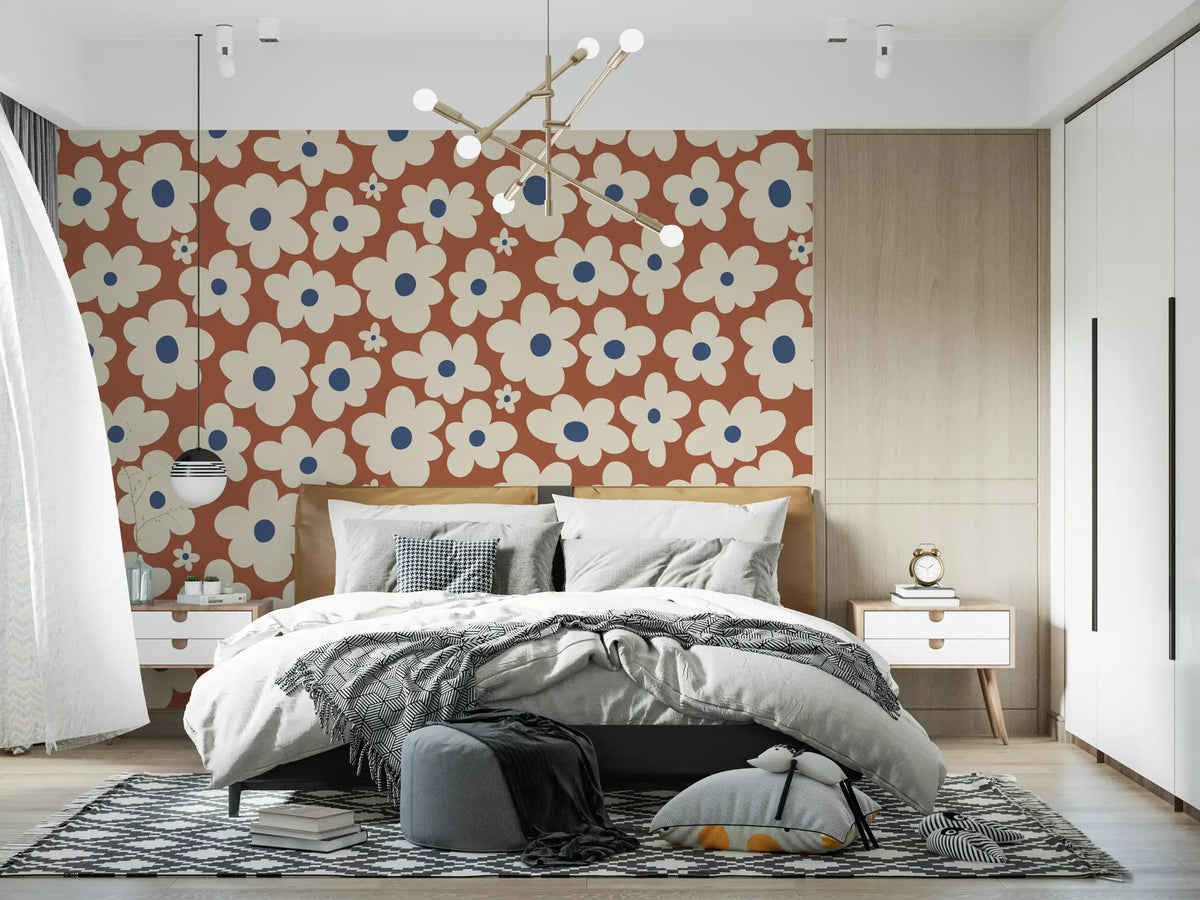 Retro Cream and Rust Floral Bloom Pattern Wall Mural