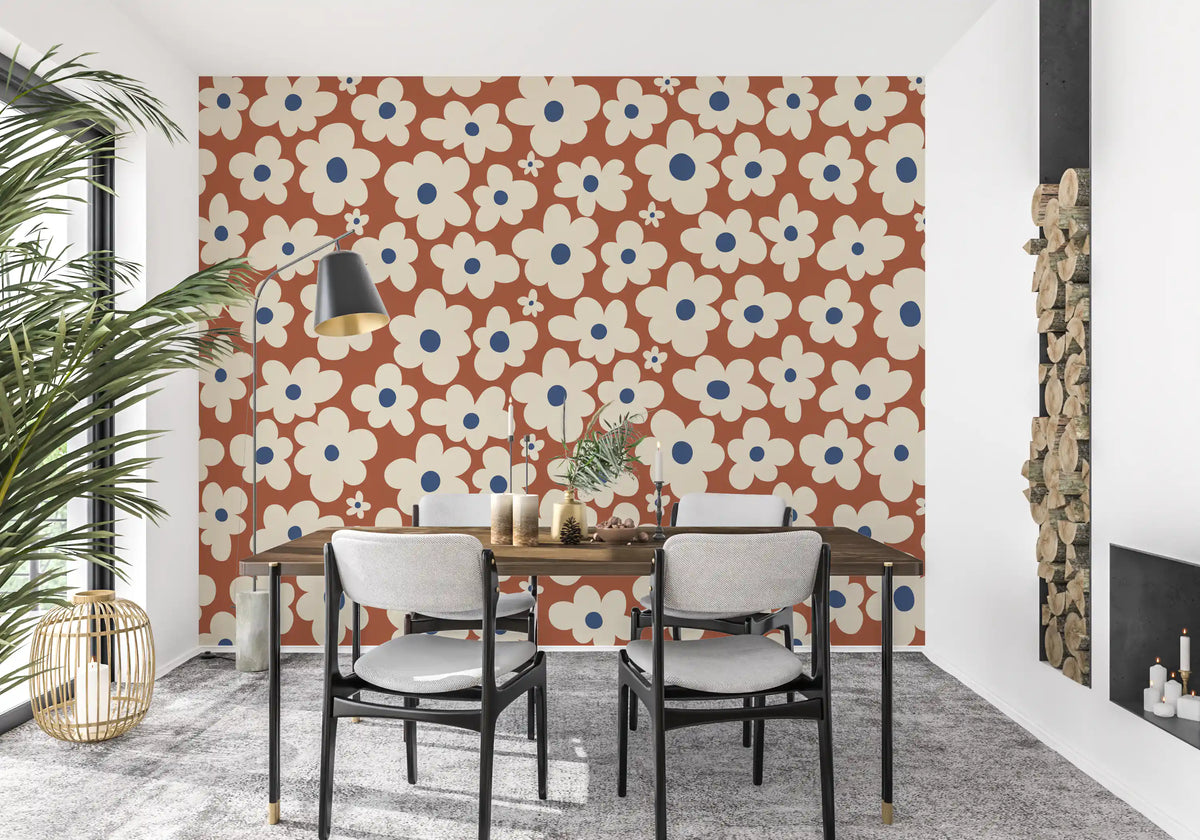 Retro Cream and Rust Floral Bloom Pattern Wall Mural