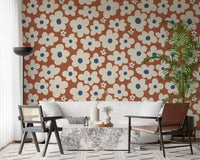 Retro Cream and Rust Floral Bloom Pattern Wall Mural