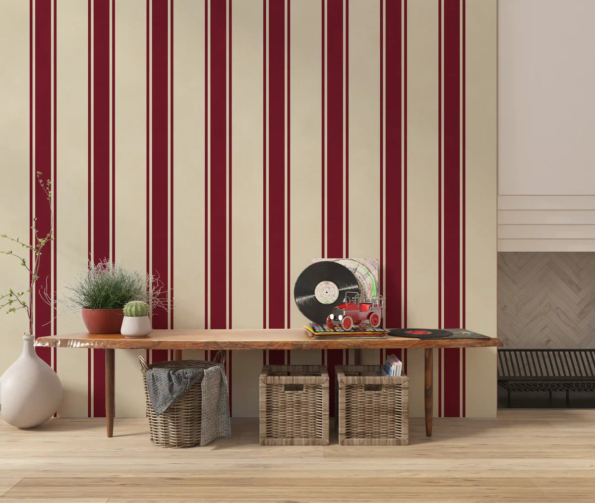Classic Burgundy and Cream Striped Pattern Wall Mural