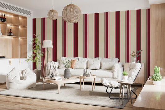 Living room with white sofa, bean bag and round wood table on burgundy striped wallpaper GD13772