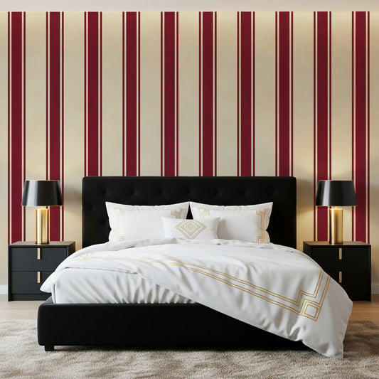 Bedroom with black tufted bed, black nightstands and gold lamps on red and cream stripes GD13772