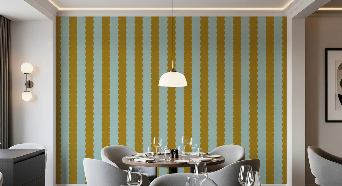 Mustard and Mint Scalloped Vertical Stripes Wall Mural