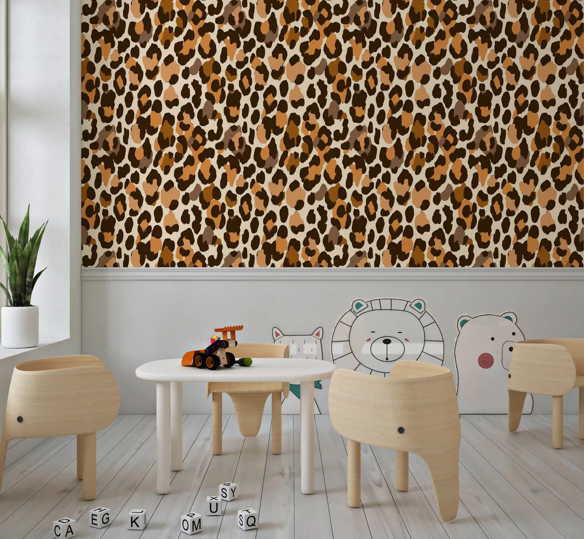 Animal print wallpaper above white panelling in a kids play area with wooden chairs GD13786
