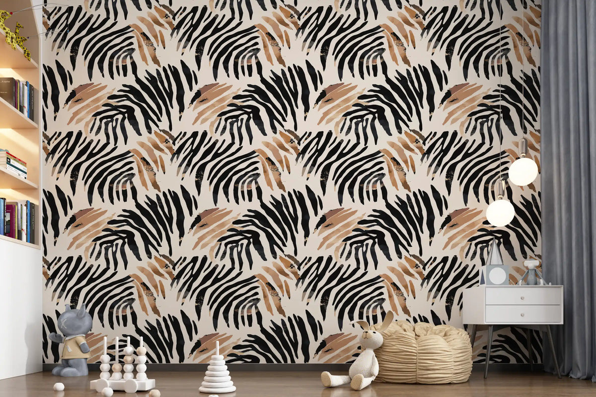 Animal print wallpaper with gray curtains, bookcase and soft toys in a nursery GD13787