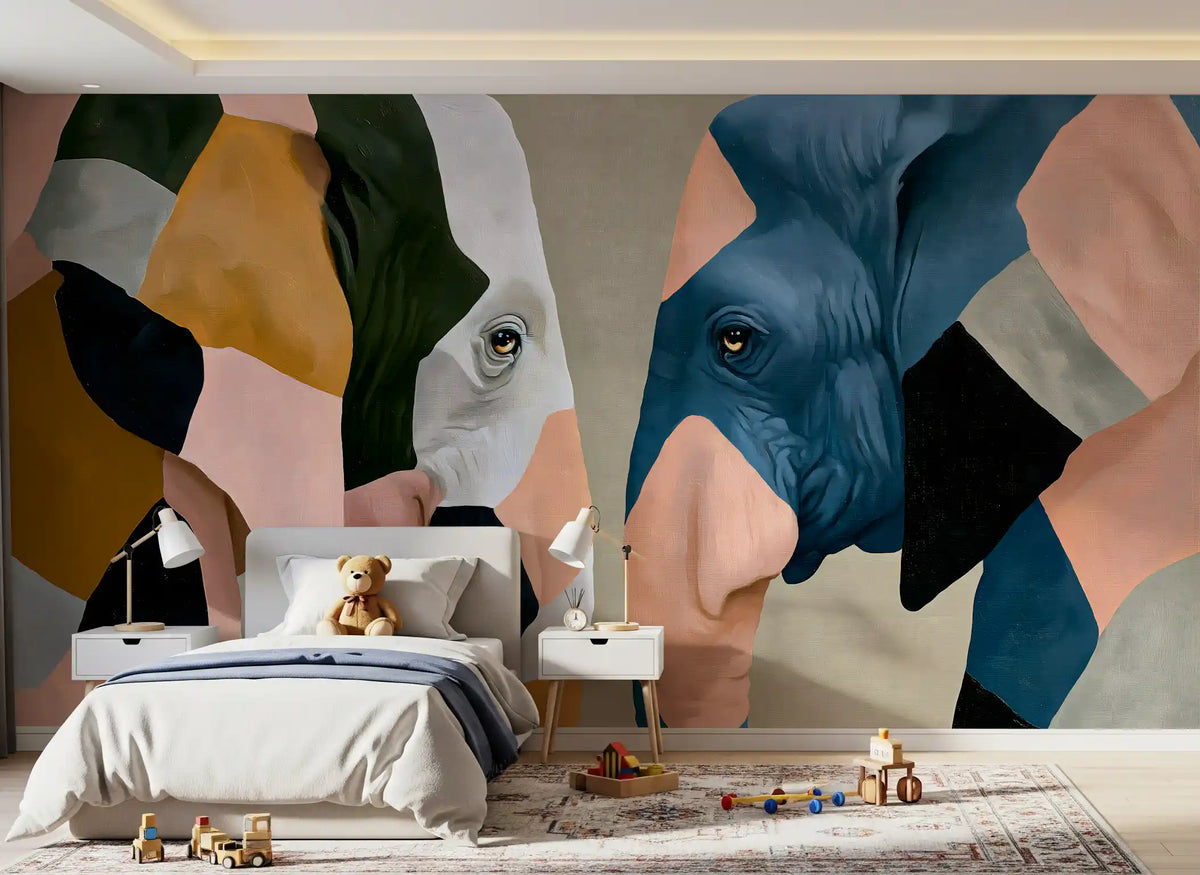 Kids bedroom with teddy bear and toy train under a patchwork elephant wallpaper GD13794