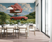 Vintage Red Coupe in Spring Meadow Wall Mural