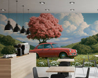 Vintage Red Coupe in Spring Meadow Wall Mural