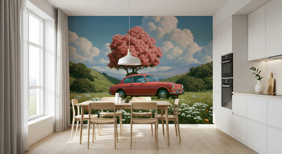 Vintage Red Coupe in Spring Meadow Wall Mural