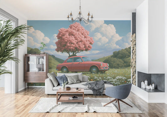 Vintage Red Coupe in Spring Meadow Wall Mural