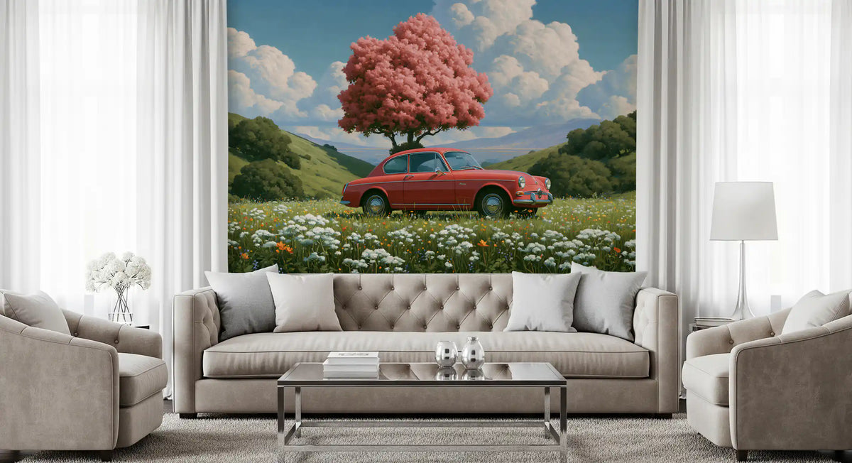 Vintage Red Coupe in Spring Meadow Wall Mural