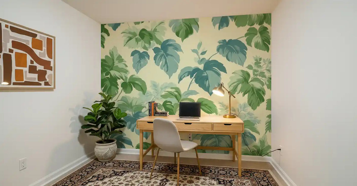 Jungle wallpaper in a home office nook with wooden desk, white chair and potted plant GD13797