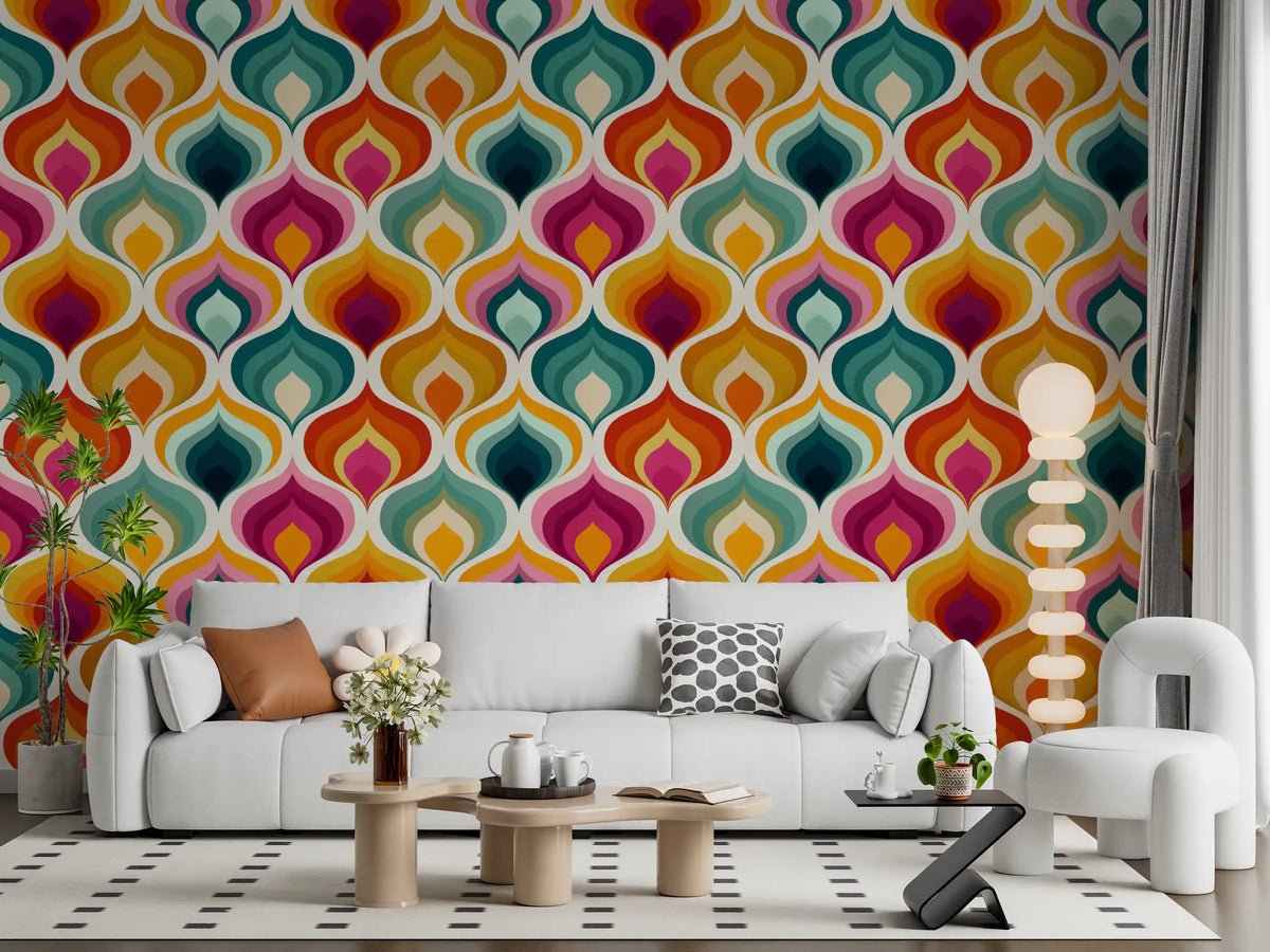 Mid-century wallpaper behind a white sofa with flower cushion and spotted rug GD13801