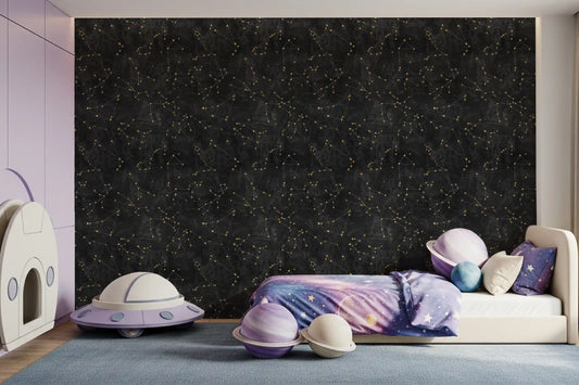 Kids' room with lilac wardrobe, galaxy print bed and UFO toy on charcoal starry night wallpaper GD13803