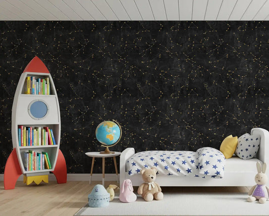 Red rocket bookshelf, globe and star print bed against charcoal constellation wallpaper GD13803