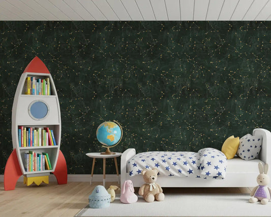 Red rocket bookshelf, globe and teddy bear beside a star bed on deep green stars wallpaper GD13804