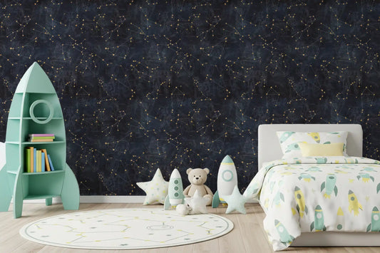 Mint rocket bookcase, rocket print bedding and round rug on navy space wallpaper GD13805