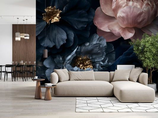 Midnight Peony Blooms with Gold Accents Wall Mural