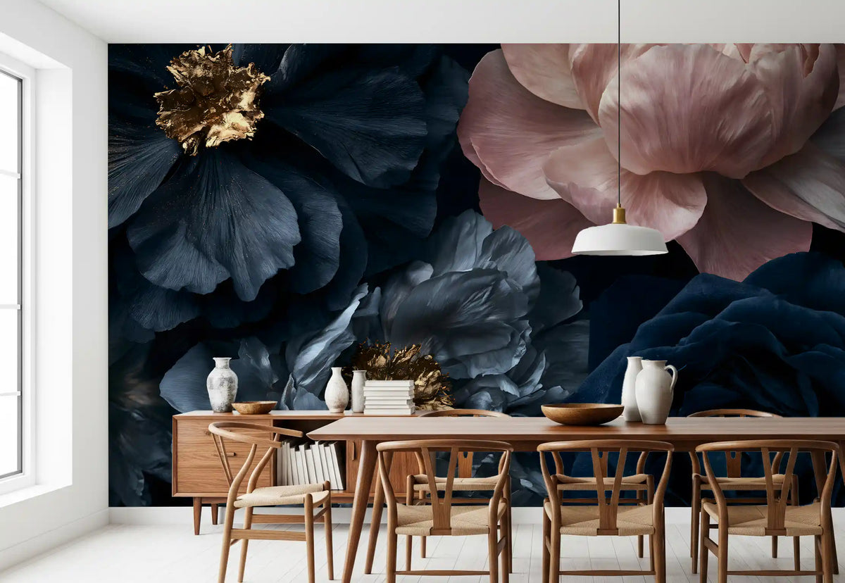 Midnight Peony Blooms with Gold Accents Wall Mural
