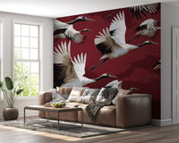 Crimson Flight of Cranes Wall Mural