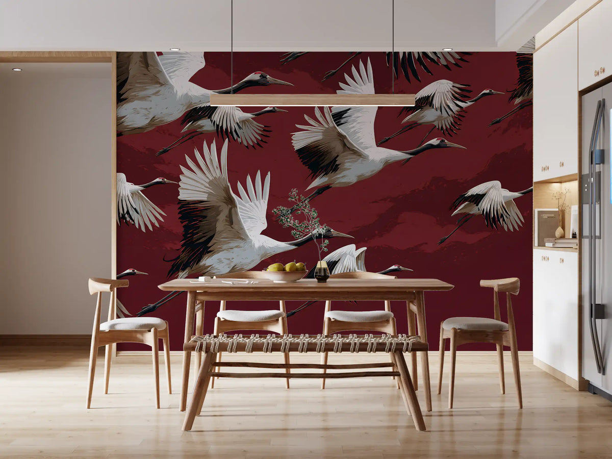 Crimson Flight of Cranes Wall Mural