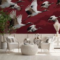 Crimson Flight of Cranes Wall Mural