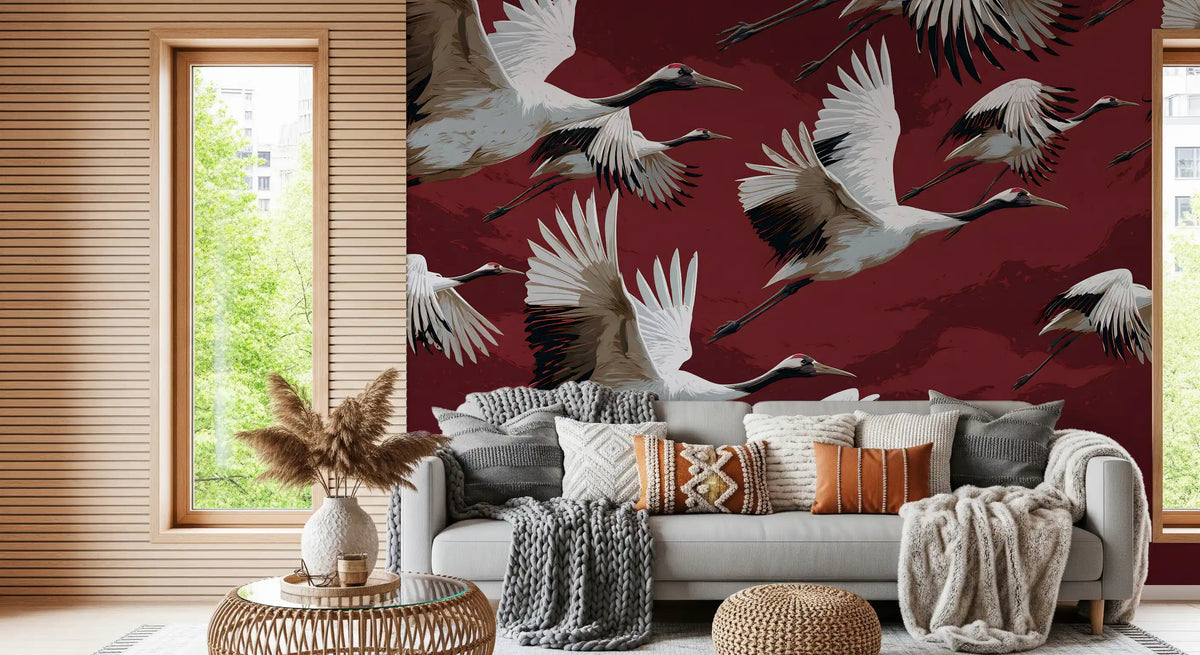Crimson Flight of Cranes Wall Mural