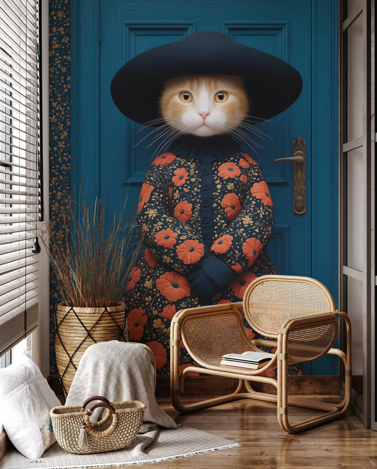 Royal Feline in Poppy Print Attire Wall Mural