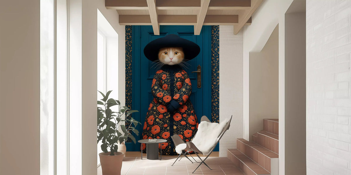 Royal Feline in Poppy Print Attire Wall Mural