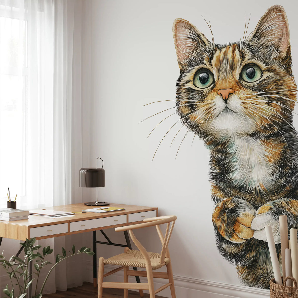 Curious Cat Illustration Wall Mural
