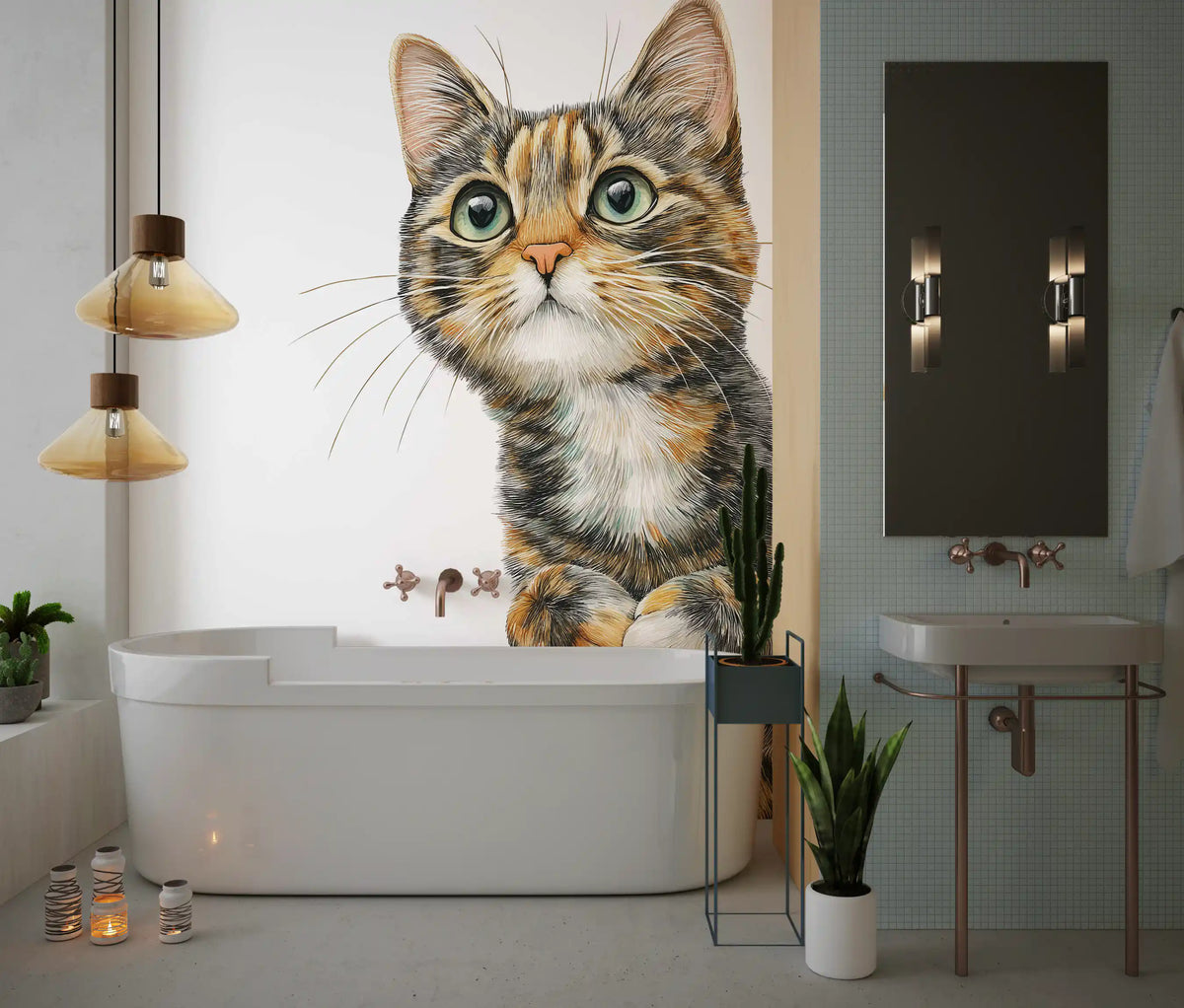 Cat wallpaper mural of a peeking kitten beside a freestanding tub and amber pendants GD13820