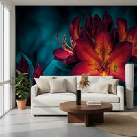 Moody Teal and Crimson Petals Wall Mural