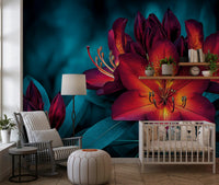 Moody Teal and Crimson Petals Wall Mural