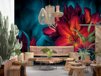 Moody Teal and Crimson Petals Wall Mural
