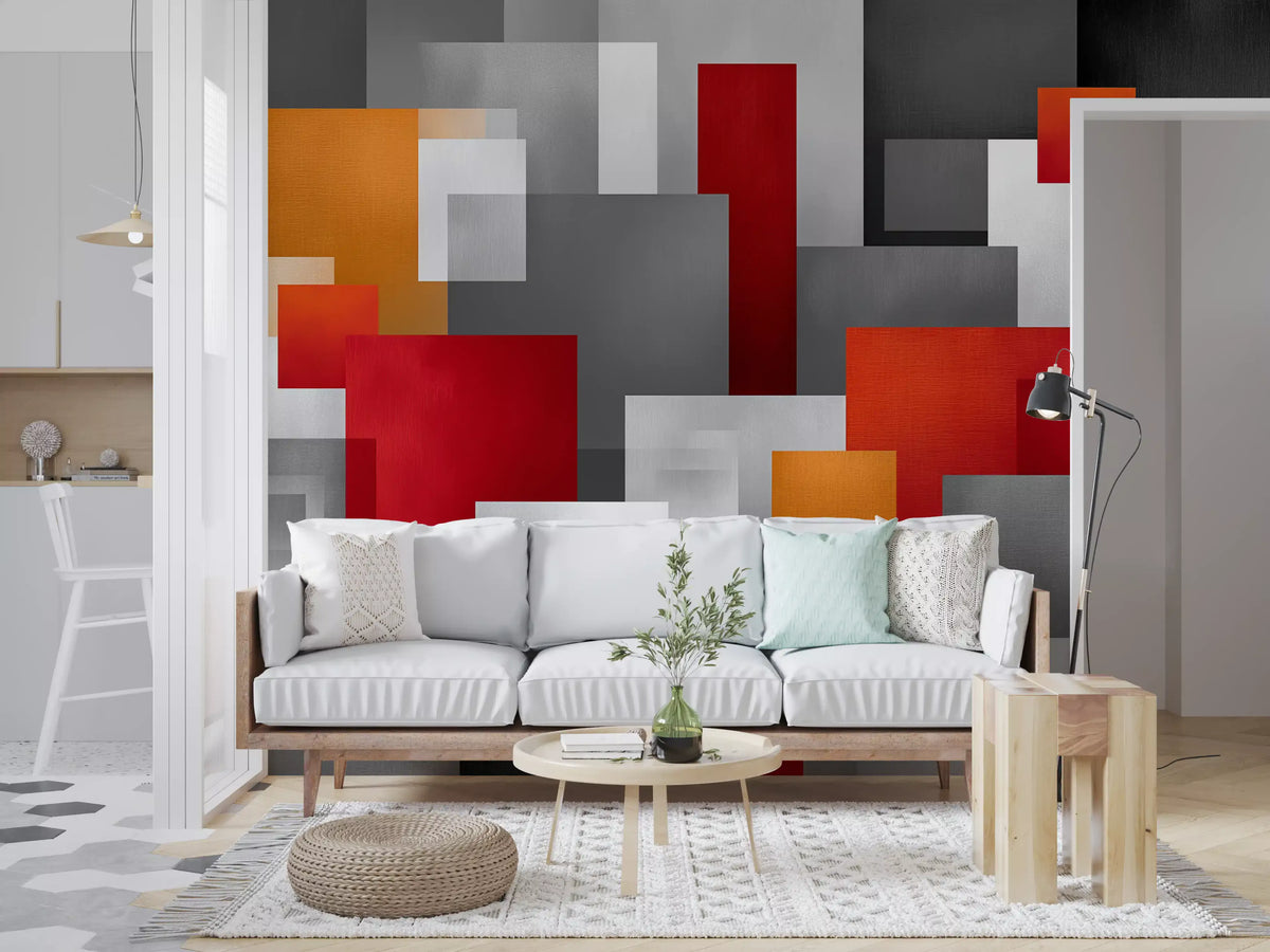 Geometric Red and Grey Block Composition Wall Mural