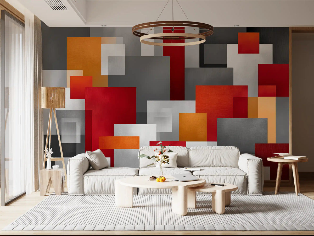 Geometric Red and Grey Block Composition Wall Mural