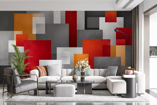 Geometric Red and Grey Block Composition Wall Mural