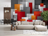 Geometric Red and Grey Block Composition Wall Mural