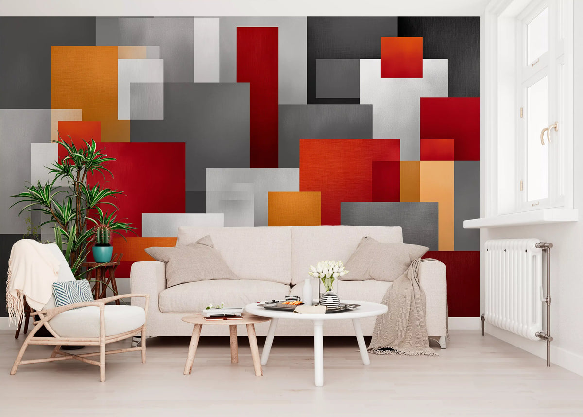 Geometric Red and Grey Block Composition Wall Mural